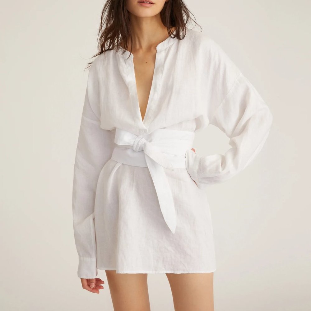 NEW Marissa Webb Pax Linen Henley Tunic Dress Obi Belt Mini Dress Linen White XS
